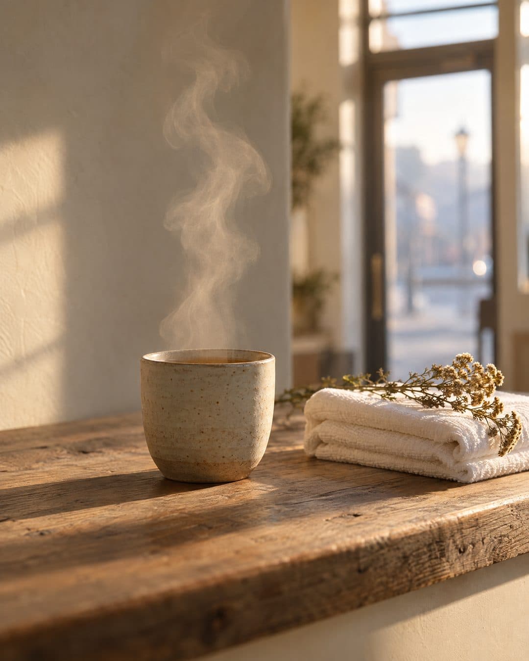 Steam rising from a stoneware cup of tea on the fir front desk, folded towels beside it, the street soft through the front door