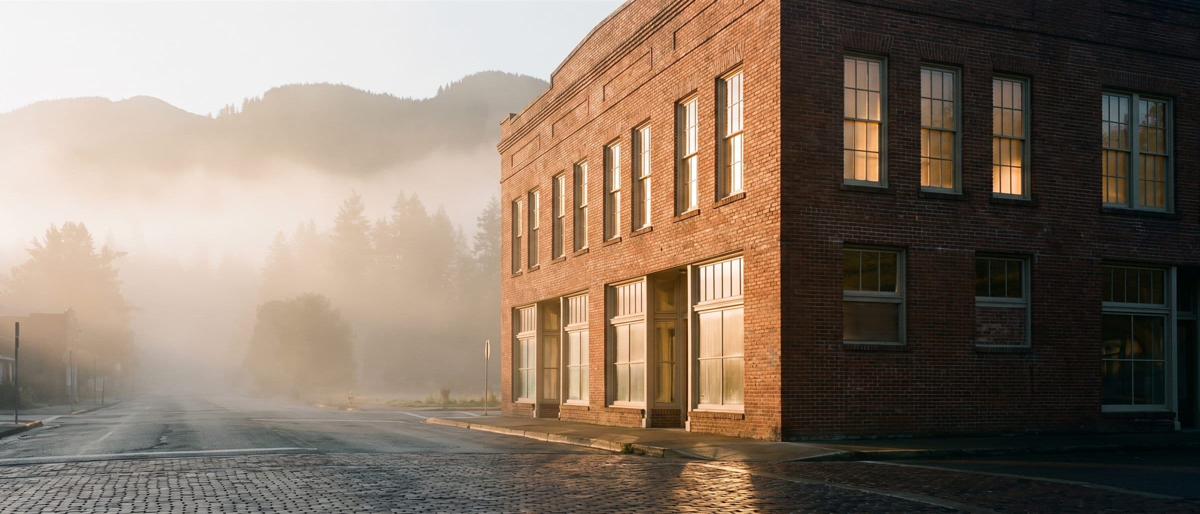 The 1921 brick mercantile at dawn, its tall east windows glowing, mist on the empty street and mountains behind