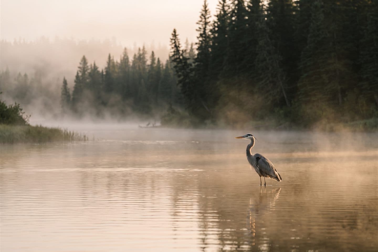 A great blue heron standing in the misty shallows of the Sorrel River at dawn