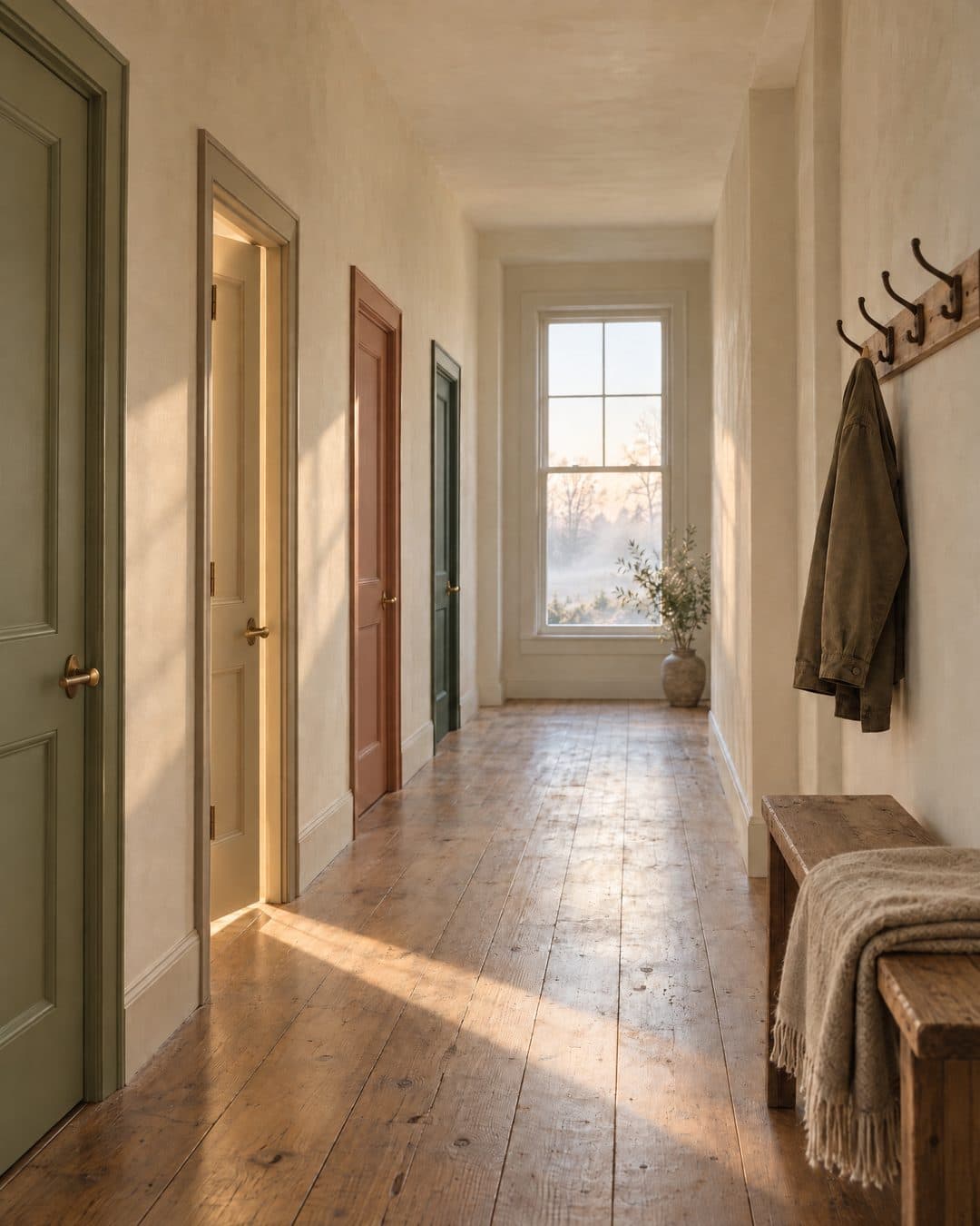 A long fir-floored hallway with four doors painted sage, cream, clay and spruce, warm light spilling from the one that stands ajar