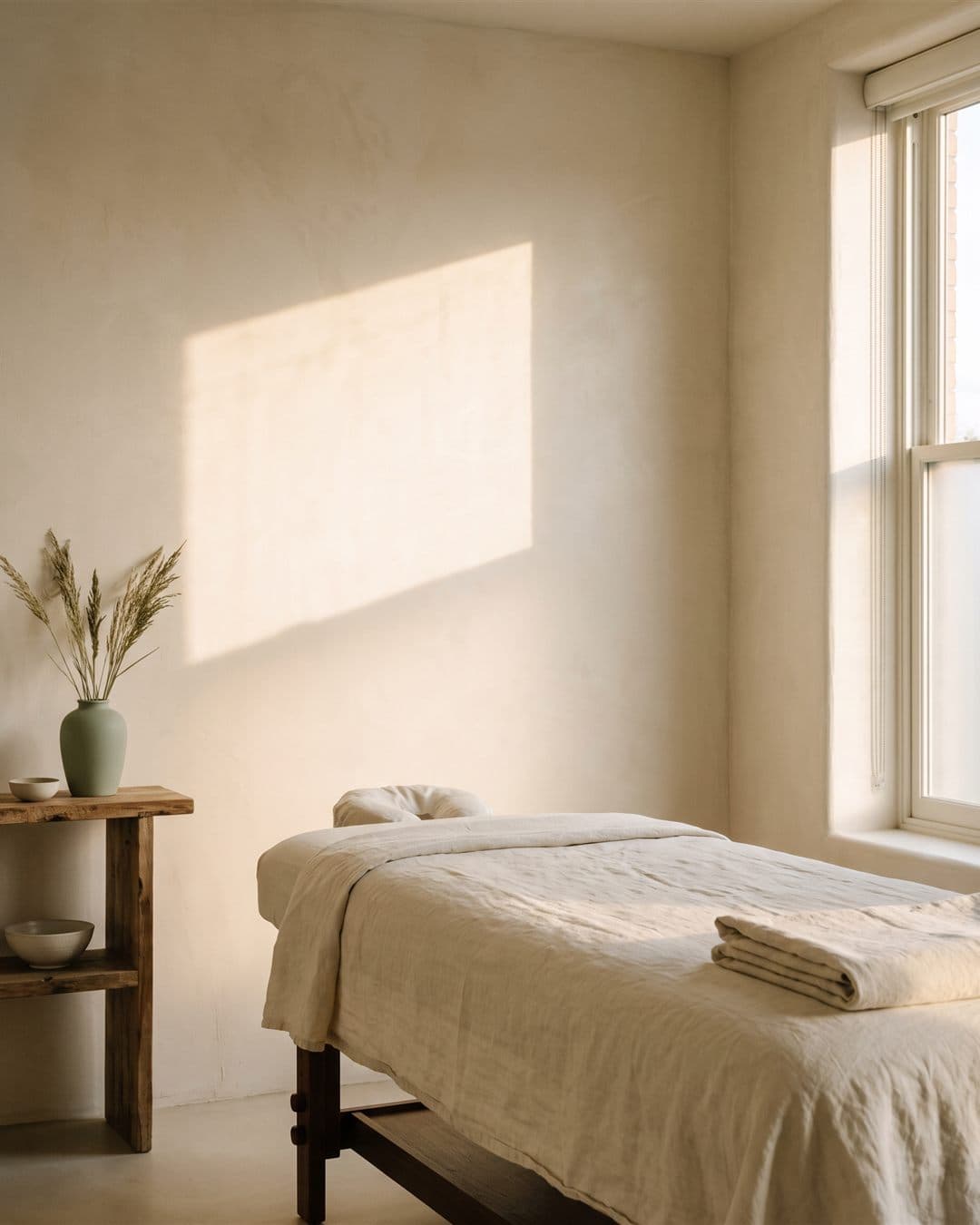 Morning sun crossing the wall of a treatment room, an empty table waiting in soft light