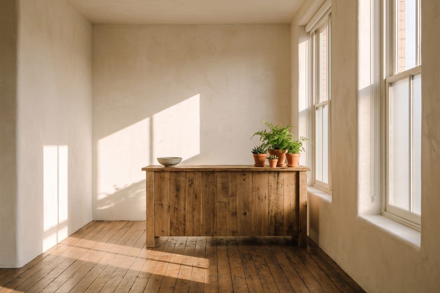 The clinic reception in the old mercantile building: fir floors, plants, and long morning light