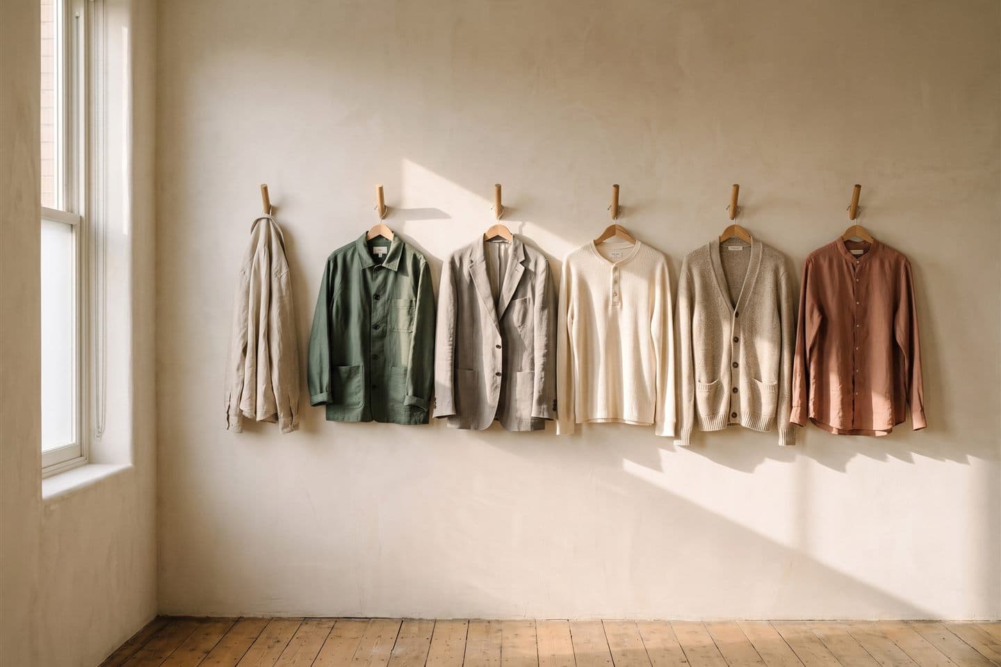 Six different garments on wooden pegs by the staff door: a flax shirt, a sage chore jacket, a grey blazer, a cream henley, an oatmeal cardigan, and a terracotta band-collar shirt, in morning light