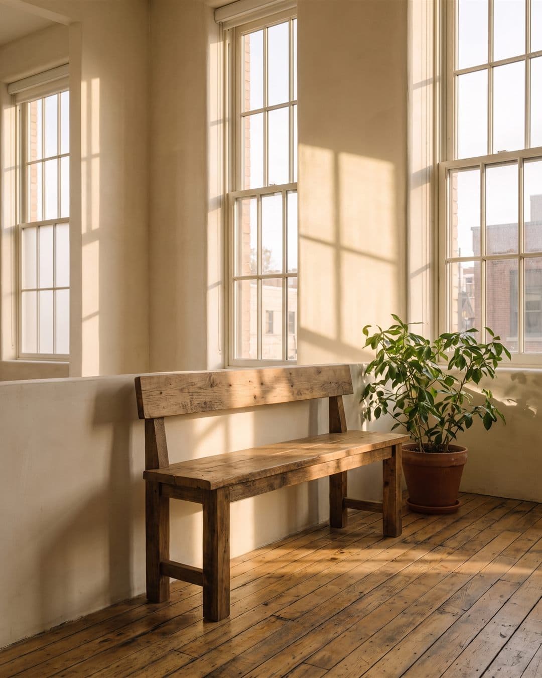 The tall east windows of the old mercantile with morning light across the floor