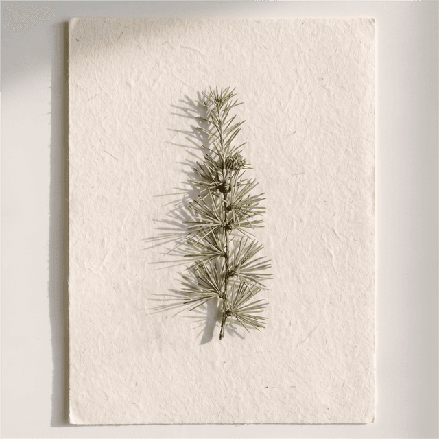 A pressed larch sprig with soft needles, Eamon Walsh's mark