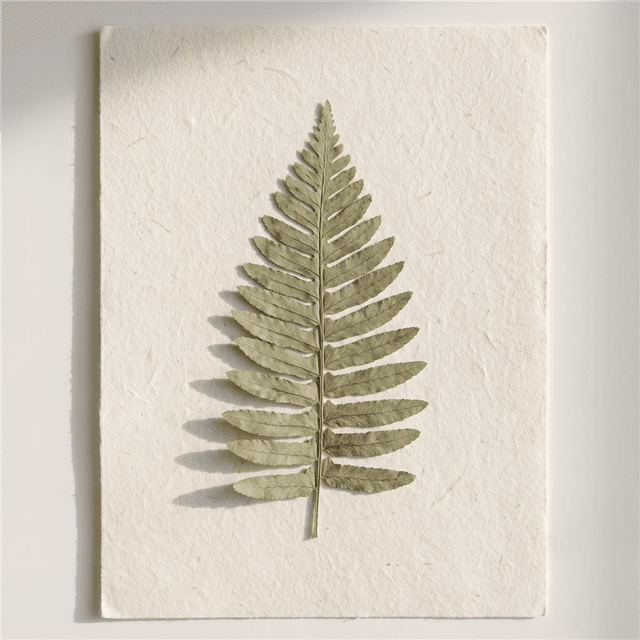 A pressed sword fern frond on warm handmade paper, Maren Holt's mark