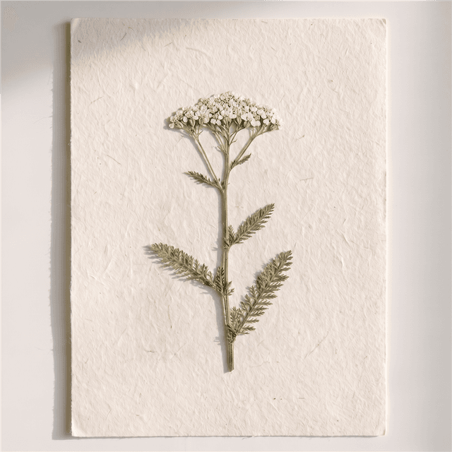 A pressed yarrow stem with its flat white flower head, Priya Raman's mark