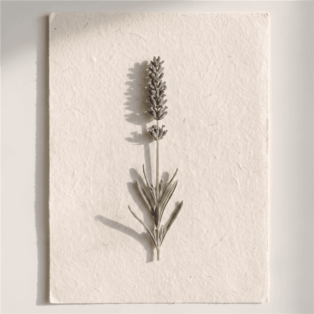 A pressed sprig of lavender on warm paper, Ruth Neufeld's mark