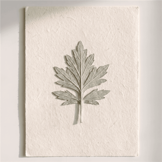 A pressed mugwort leaf with silvery underside, Tomás Vela's mark