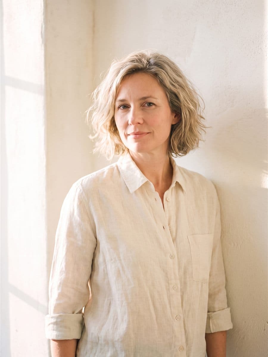 Maren Holt in a flax linen shirt with rolled sleeves against a warm plaster wall, morning light, a quiet near-smile