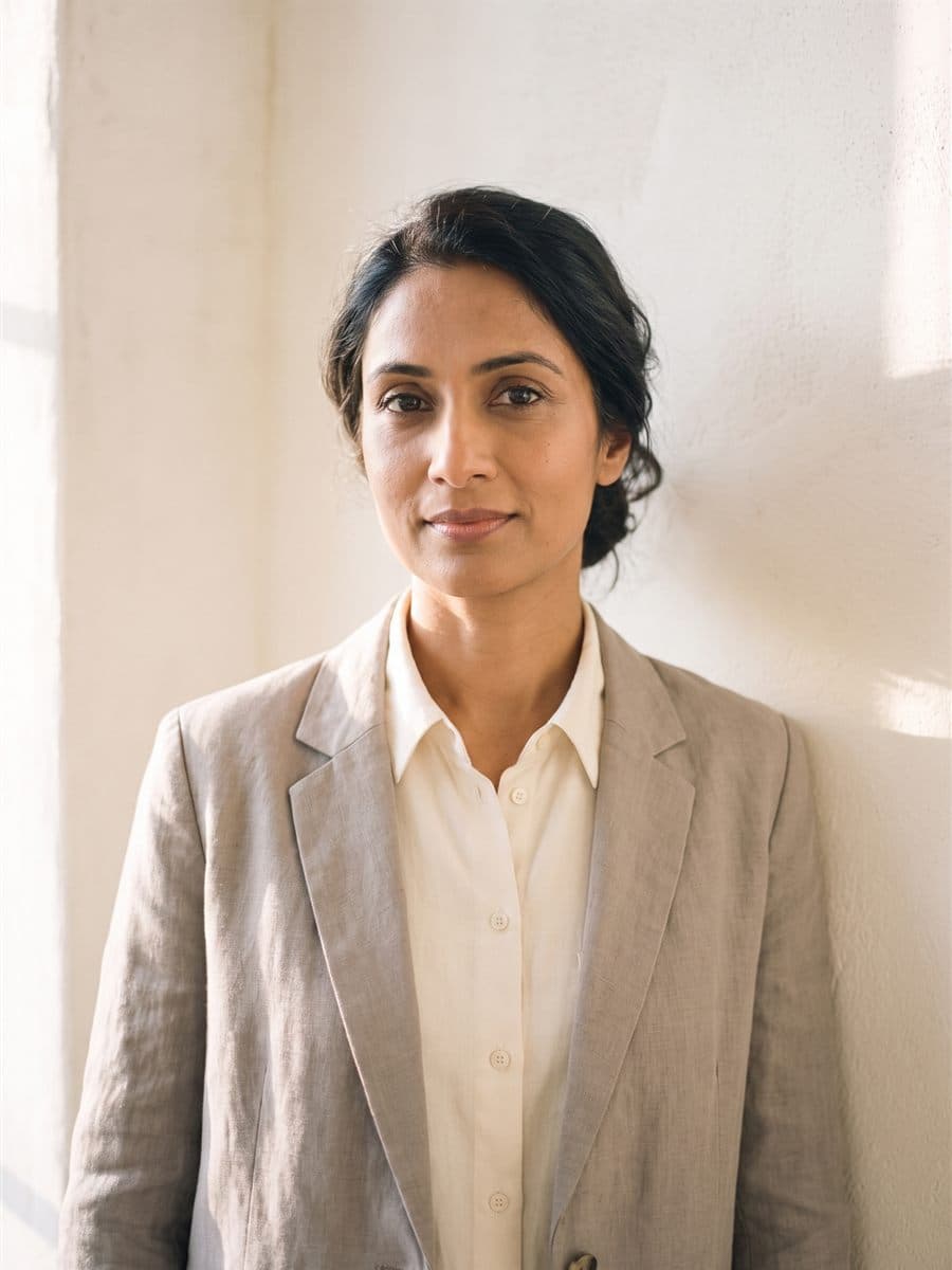 Priya Raman in a stone-grey linen blazer over a cream shirt against a warm plaster wall, steady and warm